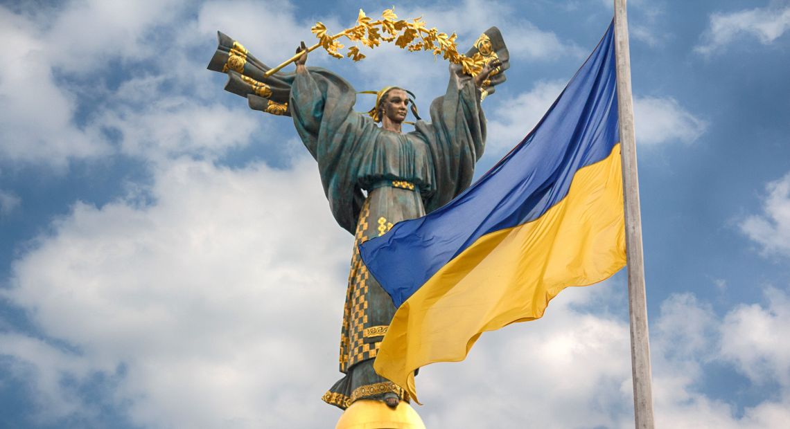 Ukrainian Flag and Statue