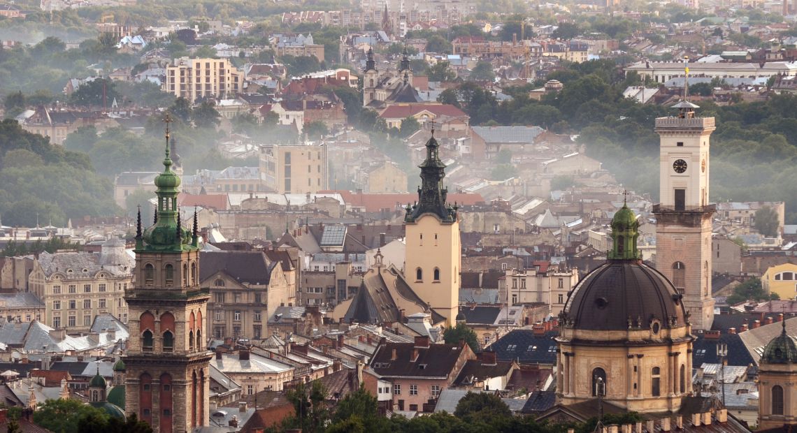 Lviv panorama in autumn fog