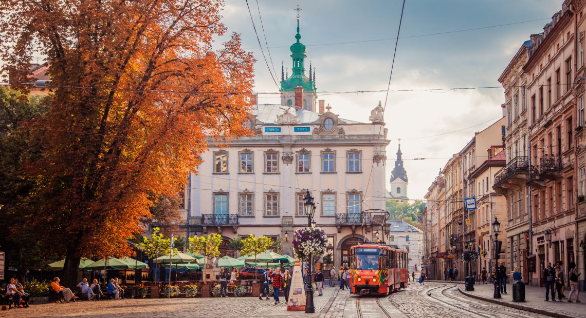 Lviv street with a tram in autumn