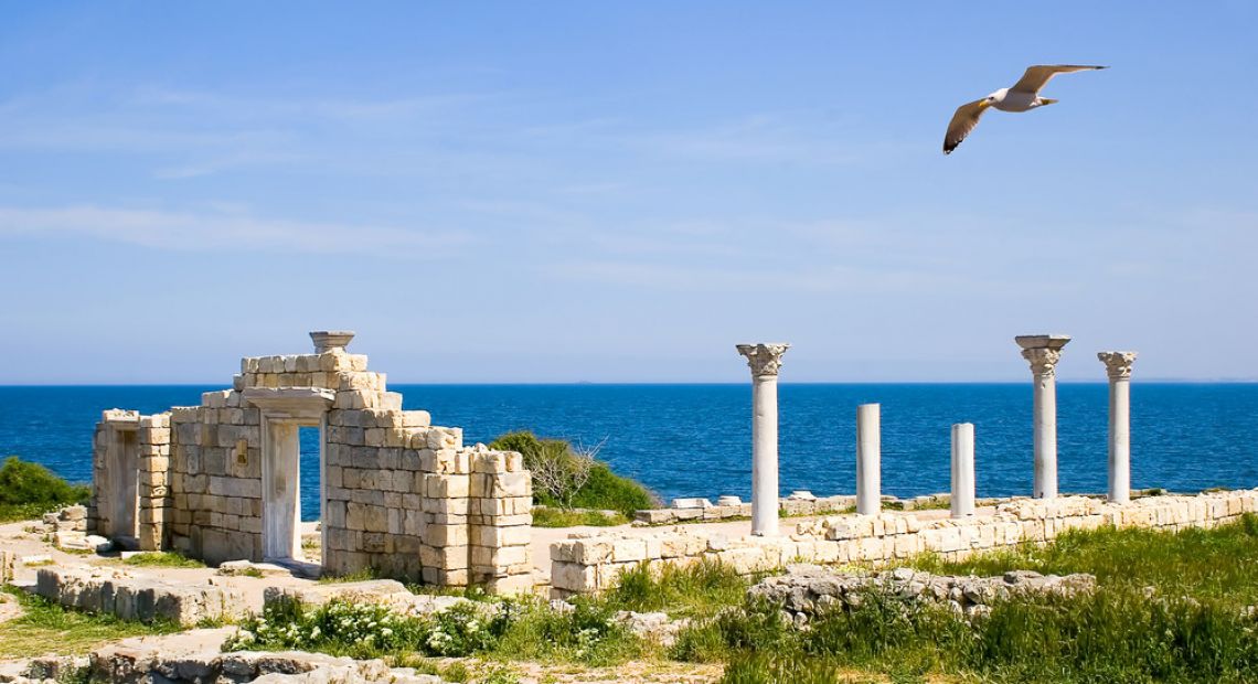 ancient ruins on seashore, gull flying above