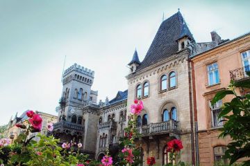 beautiful old houses with towers and garden with rose flowers