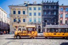 Trams and beautiful houses in Lviv
