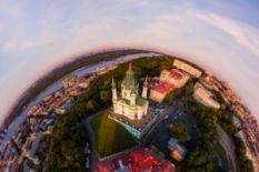 Aerial 360 view of Podil in Kyiv