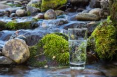 glass of water with stones and waterfall on background