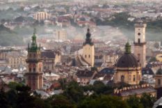 Lviv panorama in autumn fog