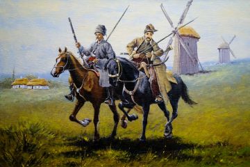 painting of two ukrainian cossacks on horses