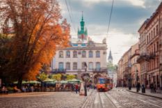 Lviv street with a tram in autumn