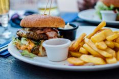 Burger and french fries on a plate