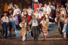 many people dancing on scene in traditional ukrainian costumes