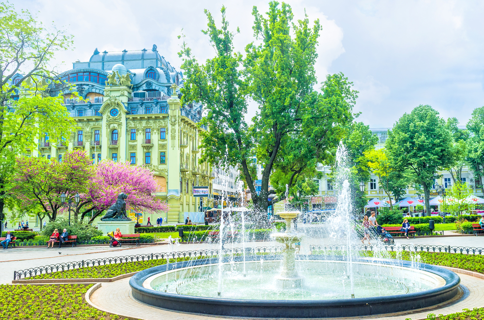 Trees and fountain in Odesa city garden