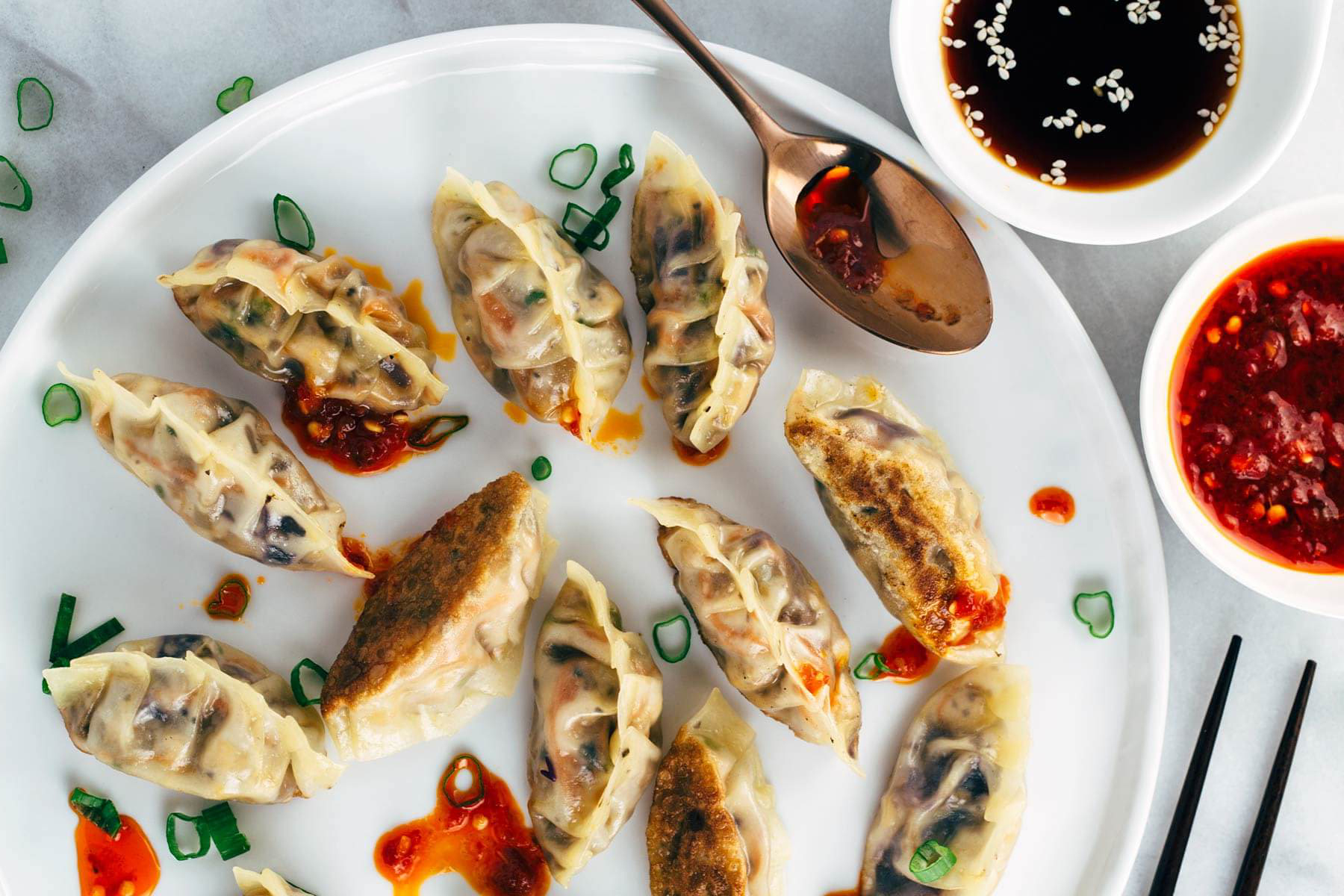 Vegetable tofu dumpling with dipping sauce soy chili