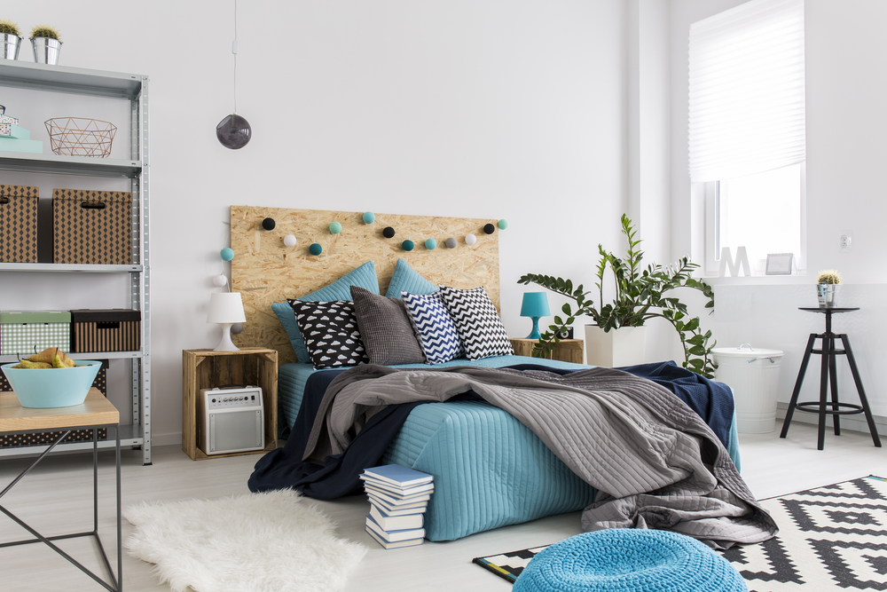 grey and blue bedroom