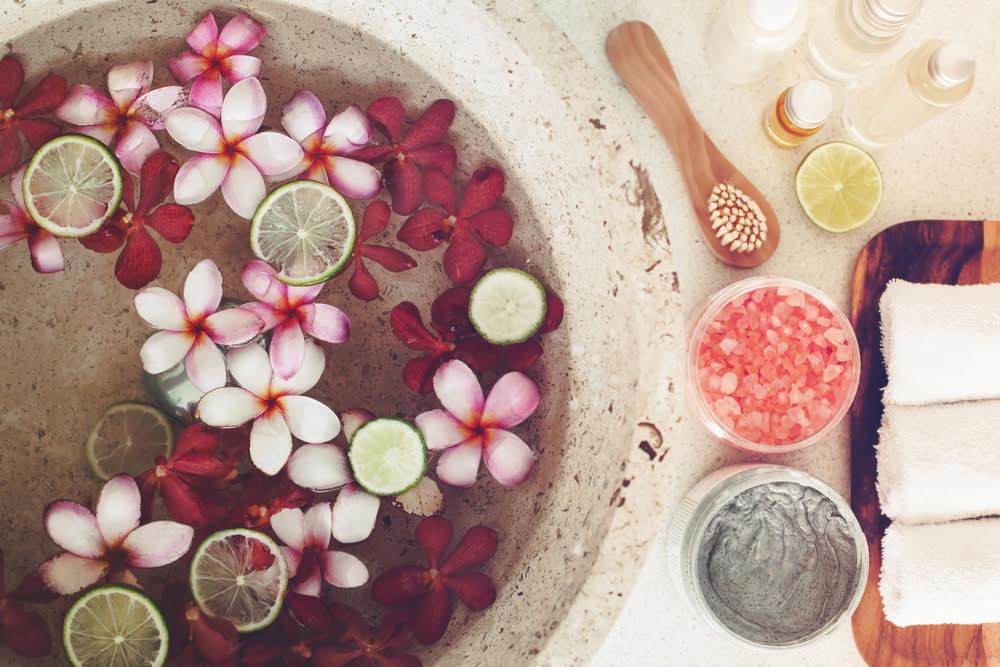 flowers, scrubs and cosmetics for SPA treatment