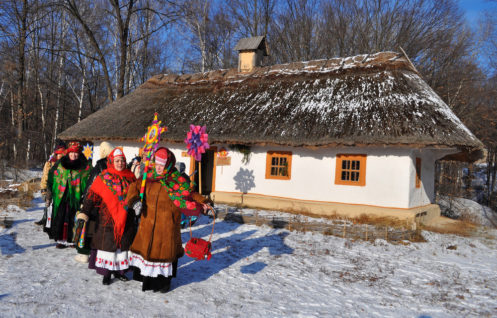 old women singing Christmas carols in Ukrainian village