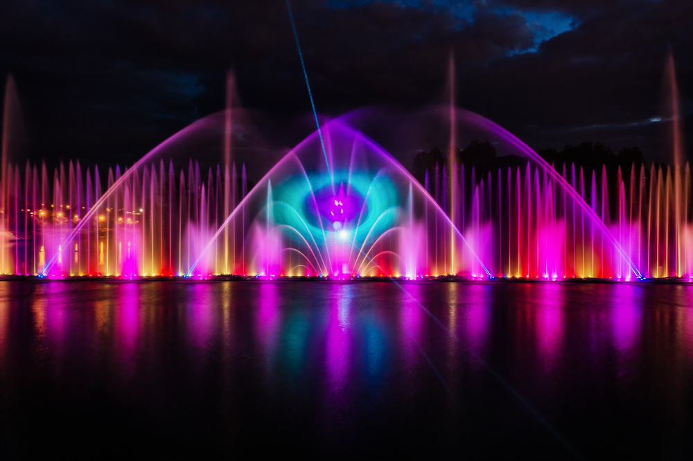 fountain with colorful lights