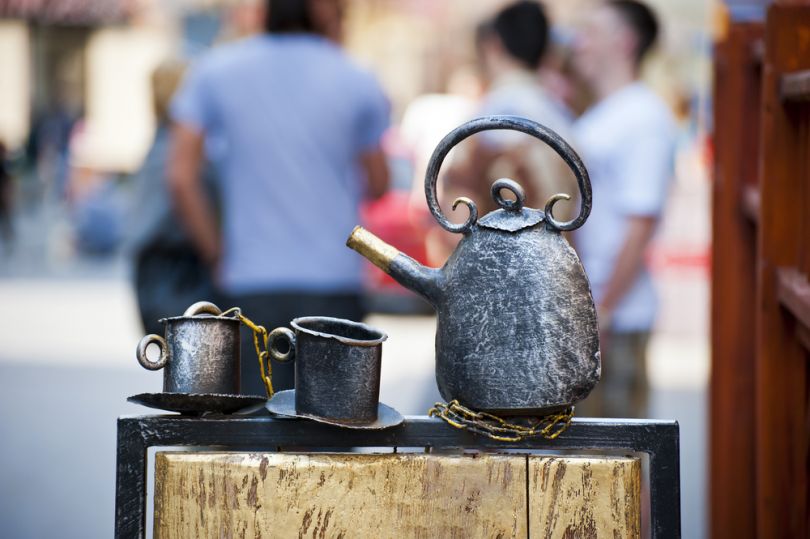 Coffee, kettle and cups monument in Lviv