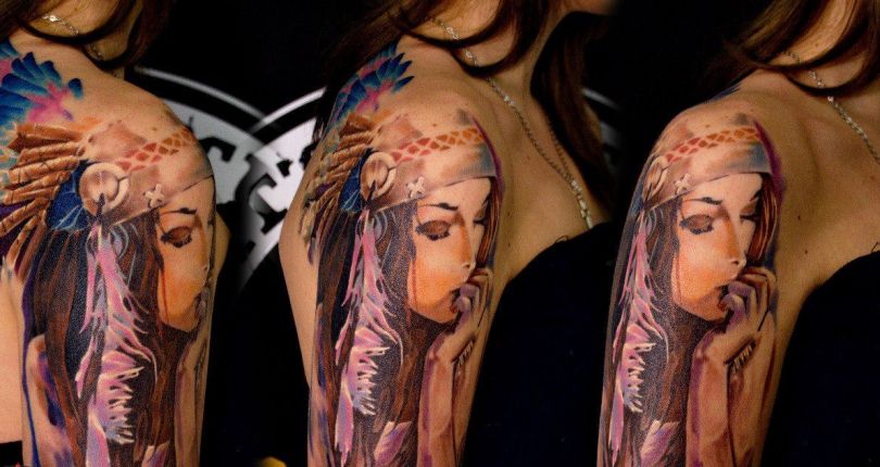 three views of tattooed hand sleeve with picture of indian girl