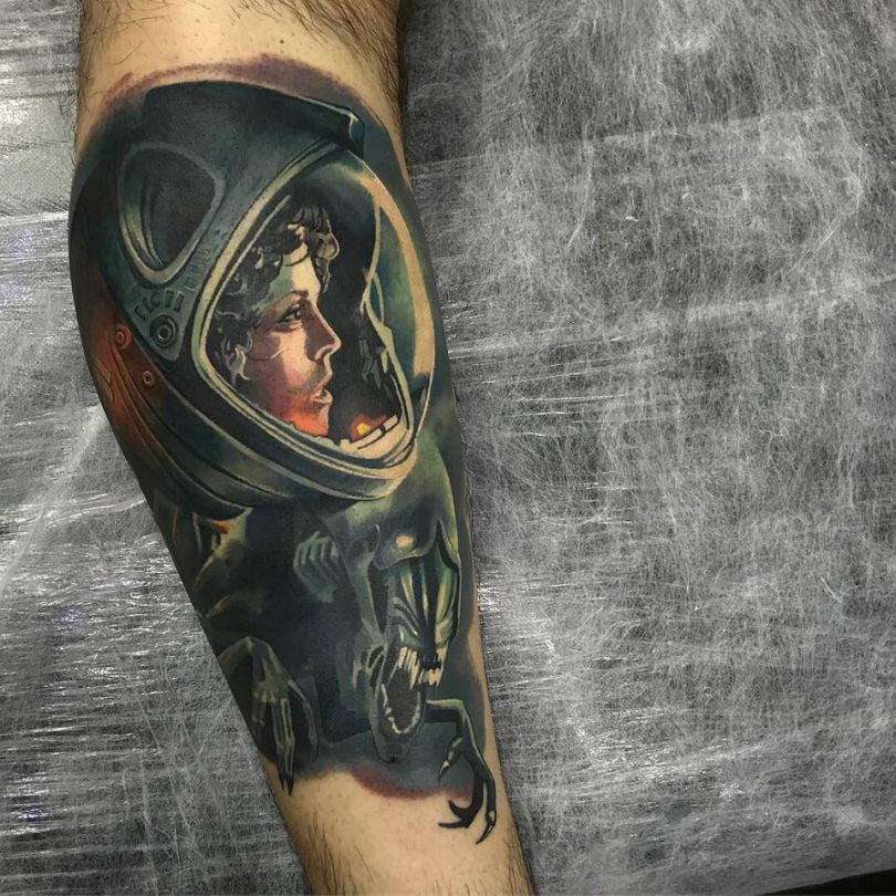 tattoo sleeve with alien movie character