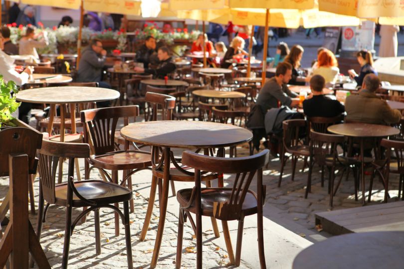 Lviv cafe in early morning light