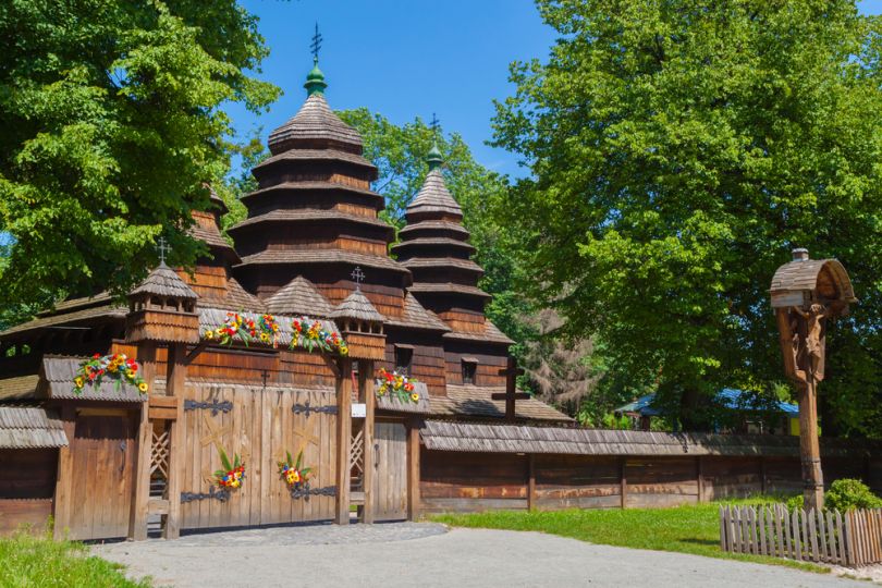 Wooden church in Museum of Folk Architecture in Lviv