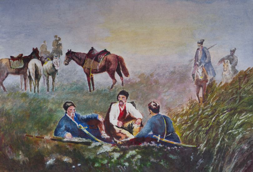 painting of cossacks having rest in a field