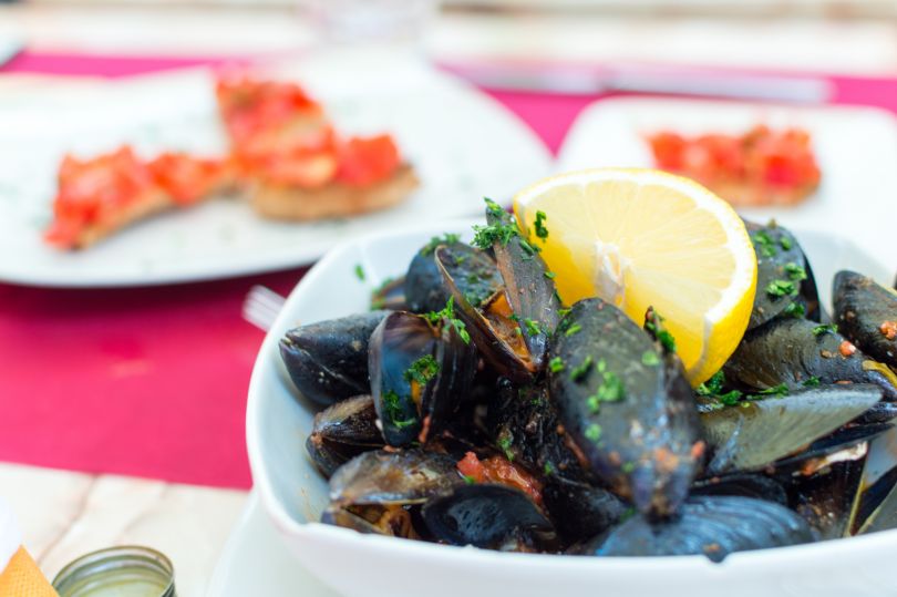 Plate of seafood with lemon