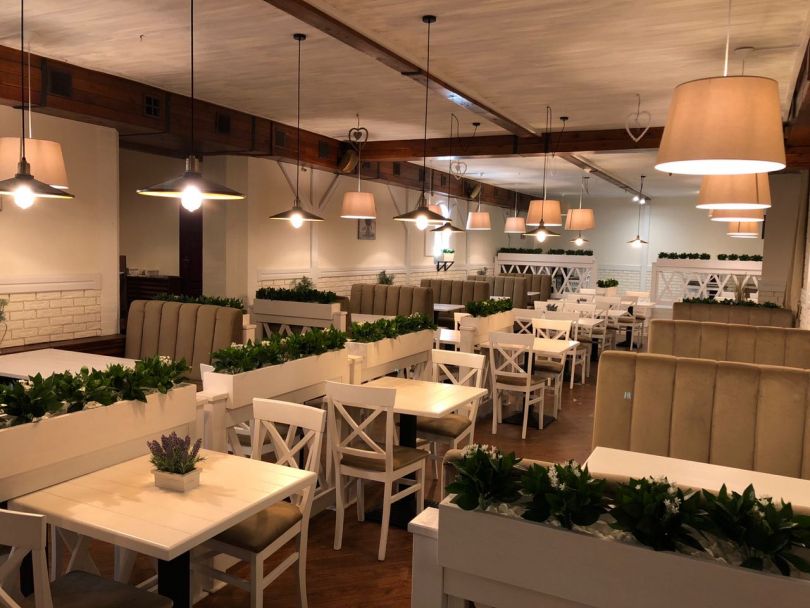 restaurant with white furniture