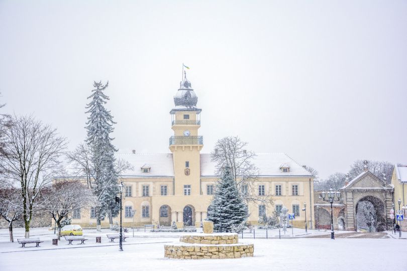 Zhovkva town hall in winter