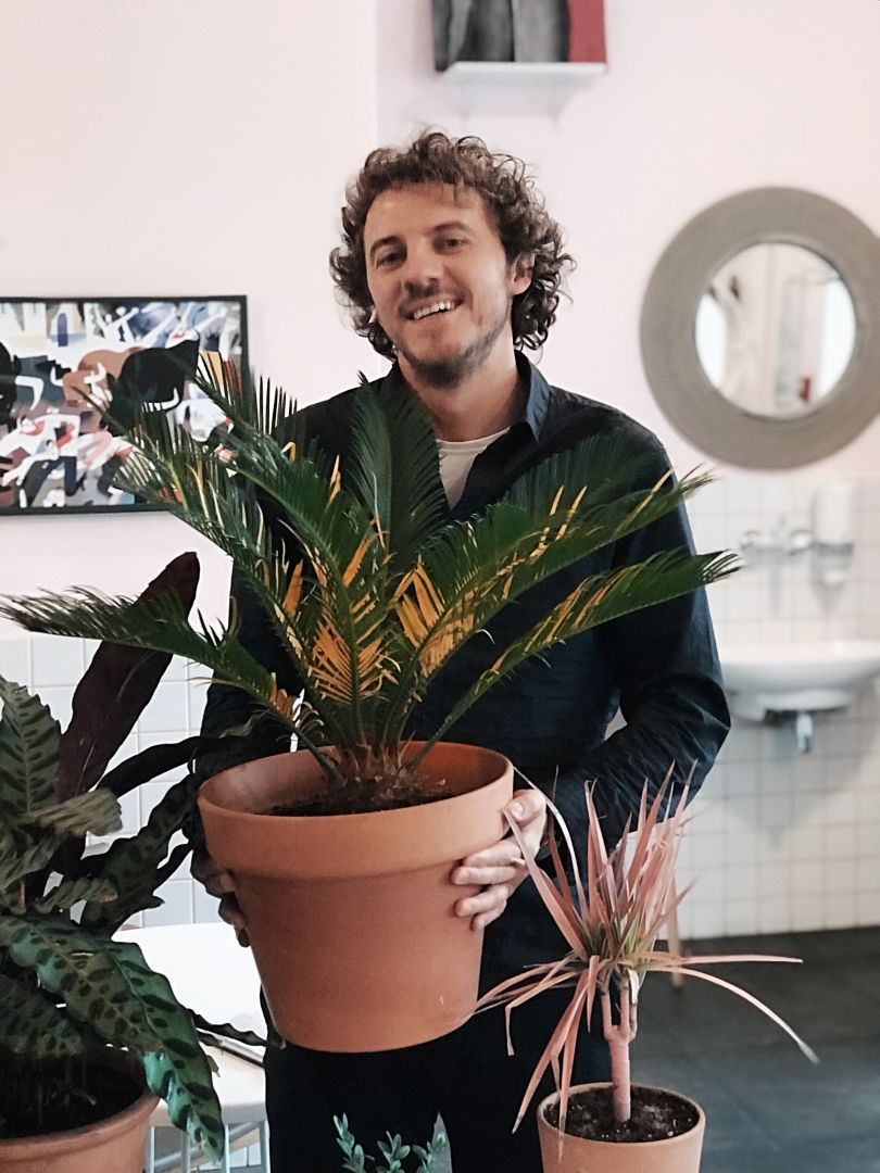 smiling man holding flowerpot with plant