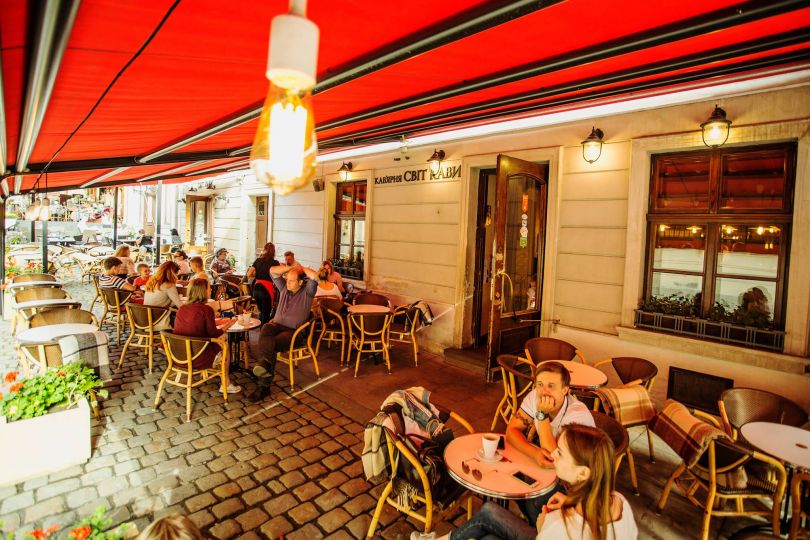 People in a Lviv cafe