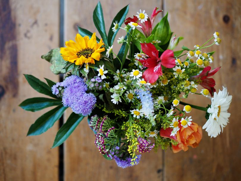 bouquet of colorful flowers on wooden background