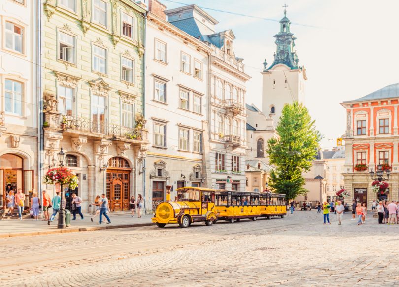 sightseeing bus in the center of lviv