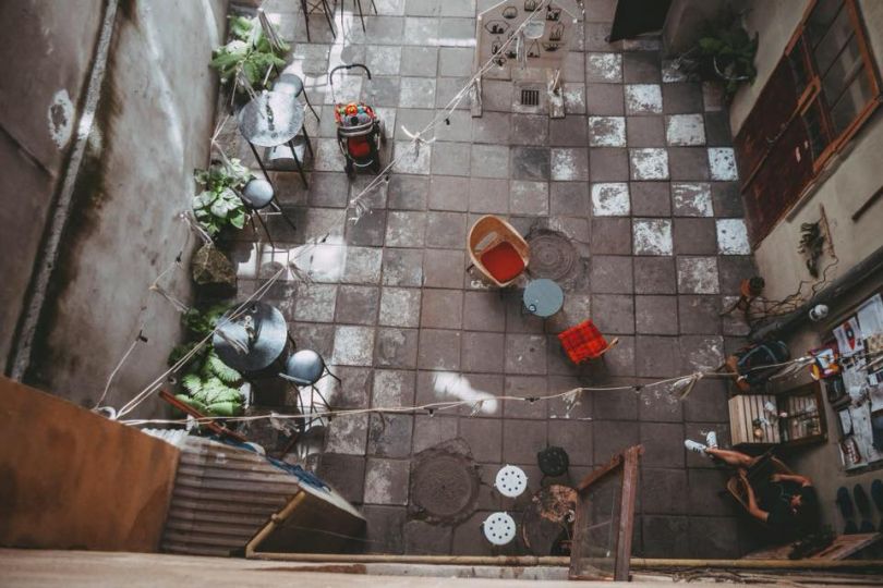 Aerial view of a Lviv cafe